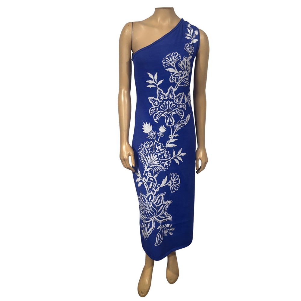 FARM Rio Porcelain Garden Blue Knit Midi One Shoulder Dress Size M New